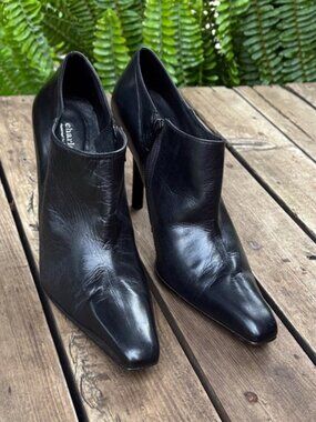 Charles David (9 M) Black Leather Square Toe Stiletto Ankle Boots